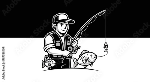 Man fishing with caught fish outdoors.