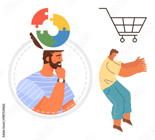 Problem-solving, e-commerce, decision-making, consumer psychology, strategic thinking, digital marketing. A man thinking with a puzzle above his head, another person gesturing to a shopping cart