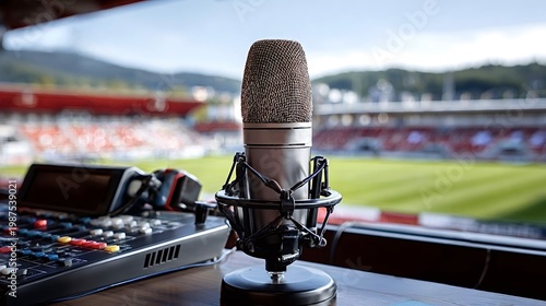 Microphone and audio mixer broadcasting sports event