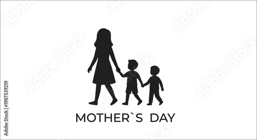 Silhouette of a mother walking with two young children hearts above