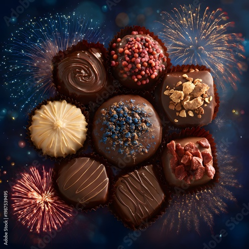 A vibrant assortment of chocolates with festive fireworks in the background