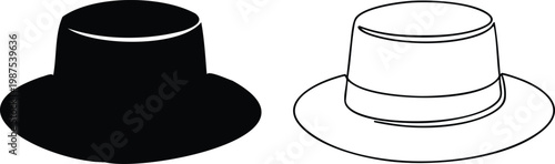 Black and white outline of two fedora hats with wide brims