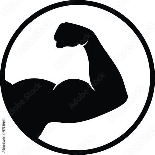 Black circle enclosing a silhouette of a flexed arm muscle