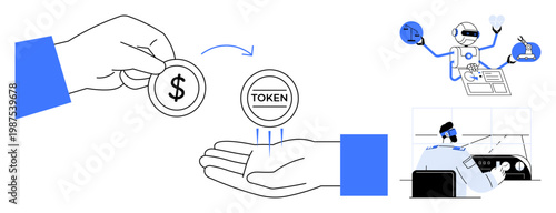 Cryptocurrency trading, fintech innovation, automation, digital transactions, future technology, blockchain. Hand exchanging dollar for token, automation with robot. Cryptocurrency trading