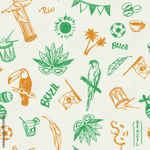 Brazilian objects seamless pattern, Rio de Janeiro, Carnival, Brazilian culture elements , monochrome hand-drawn doodles.