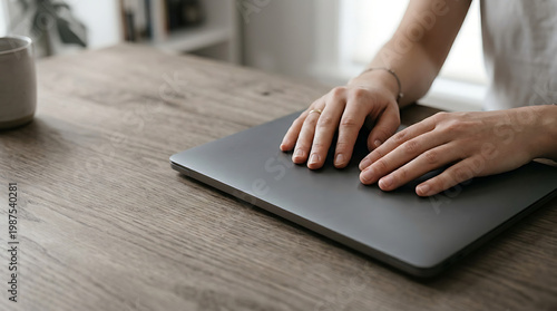 close up of relaxed hands resting on closed laptop with copy space on left minimal desk background for text stress release calm moment and work recovery concept