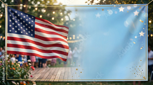 Outdoor Fourth of July celebration banner with American flag and copy space, festive summer background with lights and people. 4th of July, Independence Day background