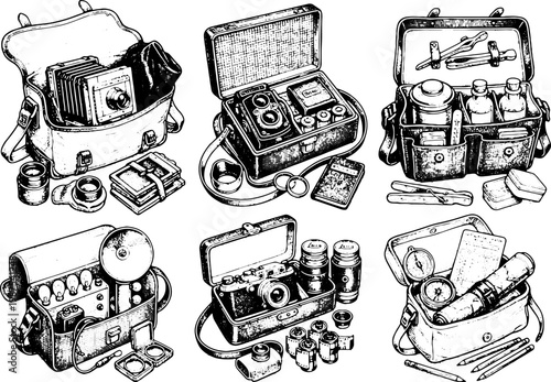 Vintage Black and White Line Art Collage of Open Photographer Camera Bags with Vintage Cameras Film Rolls Lenses and Accessories Retro Photography Equipment Illustration for Stock Vector
