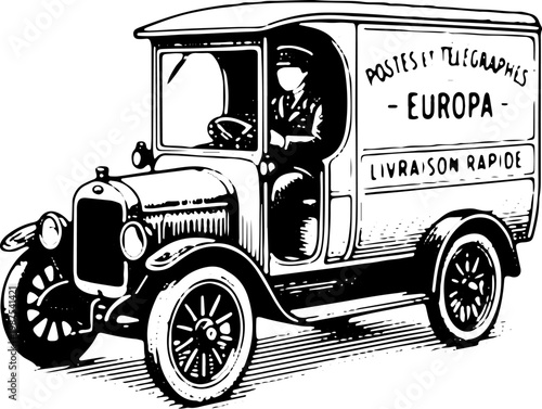 Vintage Black and White Line Art Illustration of 1920s Delivery Van Postes Telegraphes Europa Livraison Rapide for Stock Vector