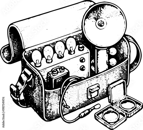 Vintage Black and White Line Art Illustration of Open Vintage Film Projector Case with Reels Bulbs and Cinema Equipment for Stock Vector