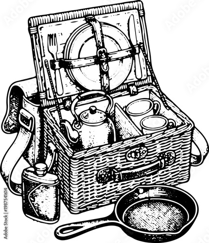 Vintage Black and White Engraving Illustration of Open Picnic Basket with Teapot Cups Frying Pan and Camping Cookware for Stock Vector