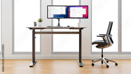 Modern ergonomic office workstation with dual monitors and adjustable desk