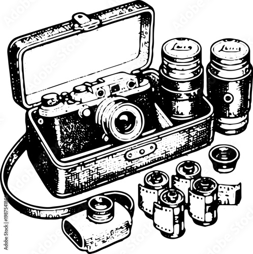 Vintage Black and White Engraving Illustration of Open Antique Camera Case with Vintage Camera Film Rolls and Lenses for Stock Vector