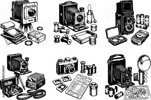 Vintage Black and White Line Art Collage of Antique Cameras and Photography Equipment Collection Retro Vintage Cameras Film Rolls Lenses Flash and Accessories Illustration for Stock Vector