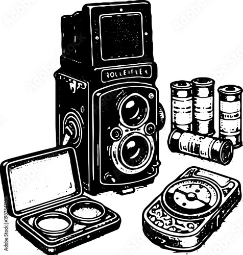 Vintage Black and White Line Art Illustration of Antique Twin Lens Reflex Camera with Film Rolls and Light Meter for Stock Vector