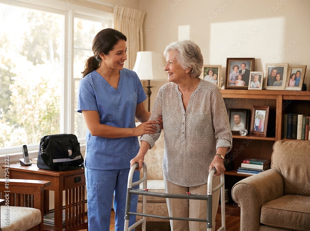 Fototapeta premium A caregiver supports an elderly woman using a walker in a family living room. They smile at each other while surrounded by family photos and comfortable furniture