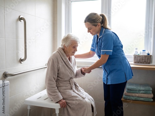 A personal care aide helps an elderly woman in a bathroom by holding her hand. The aide offers support while the woman sits on a bench. The scene shows a typical morning routine at home