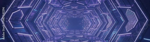Metaverse And Virtual Reality Concept Abstract Purple Neon Tunnel Background With Geometric Shapes Future Tech Sci-Fi Digital Transformation And Technological Innovation.