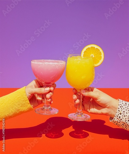 Two hands holding colorful cocktails against vibrant retro background, summer party vibe, bold colors, festive mood, leisure and social lifestyle celebration concept.