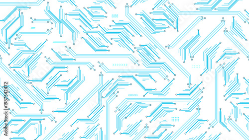 Minimal cyan circuit board pattern with diagonal traces, glowing nodes and open black negative space on a dark navy background, futuristic tech texture, abstract vector background.