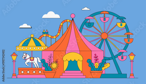 Vibrant Minimalist Carnival Scene with Stylized Carousel, Ferris Wheel, and Big Top Tent in Flat Vector Art Style.eps