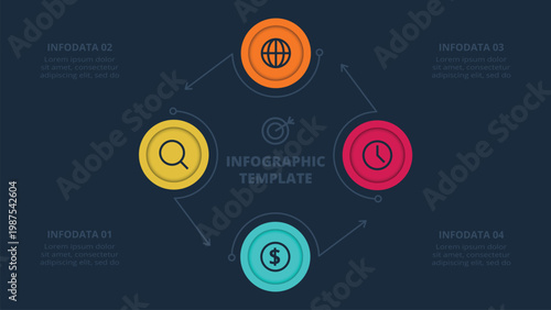Clean & Modern infographic with 4 steps, options, parts or processes. Template for web on a black background.