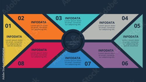 Clean & Modern infographic with 8 steps, options, parts or processes. Template for web on a black background.