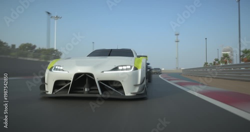 GT3 Gran turismo race cars drive side by side on a racing track, front view with motion blur, urban skyline and palm trees in background, high speed motorsport action