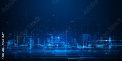 Futuristic digital art featuring a blue abstract technology background with geometric square patterns and glowing network lines for a modern business data concept