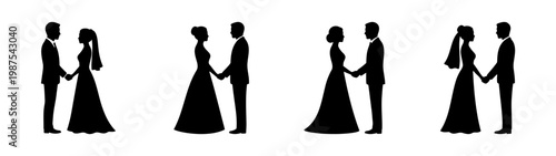 Wedding couple silhouettes, bride and groom vector set, romantic marriage icons collection
