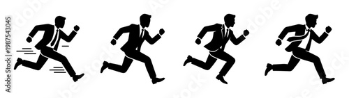 Running businessman silhouette set, fast corporate man icons, 4 black vector elements