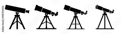 Astronomy telescope icons set, black silhouette telescope vector, 4 science equipment