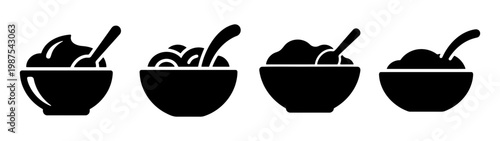 Minimalist porridge bowl icons, cereal breakfast vector set, healthy food meal symbols