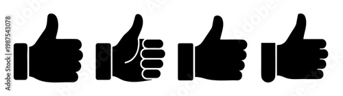 Thumbs up icon set, black hand gestures, positive feedback symbols, 4 vector elements