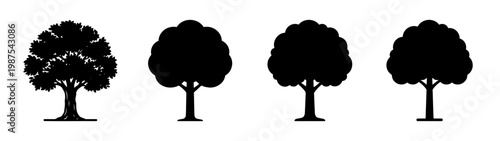 Minimalist black tree silhouettes, set of 4 deciduous tree icons, nature vector symbols