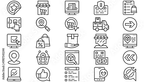 E-commerce and Business Vector Icon Set Bundle: 25 Black Line Art Symbols for Online Shopping, Digital Payment, Logistics, Shipping, Customer Support, Navigation, Retail, and Mobile Commerce Graphics.