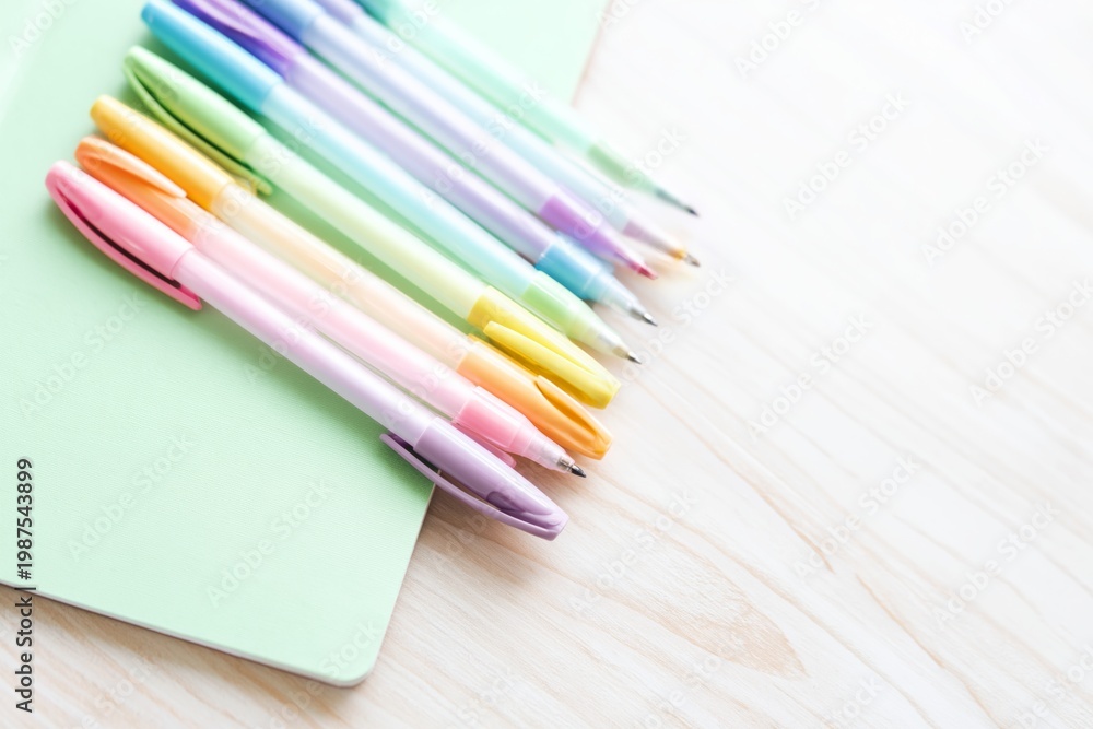 Obraz premium Writing Tools Arranged on a Green Notebook on a Wooden Table With Natural Light Coming In