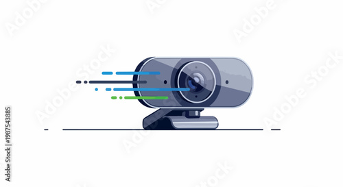 Modern webcam capturing digital data streams with colorful signals emanating from its lens