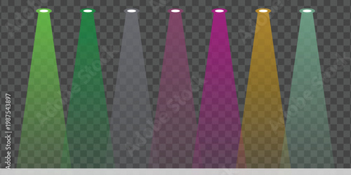 Colorful spotlights illuminating a stage or event with distinct light beams on a transparent background