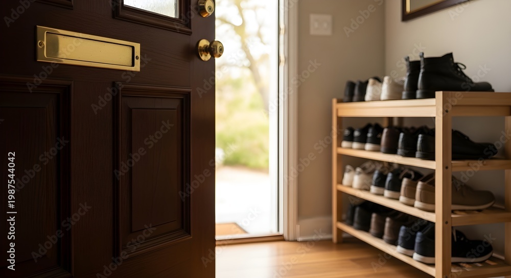 Fototapeta premium Open Doorway View of a Wooden Shoe Rack Filled With Boots and Sneakers
