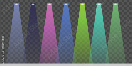 Colorful Stage Spotlights Shining Beams of Light on a Transparent Grid Background