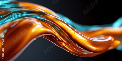 Abstract flowing liquid metal with teal highlights and dark background