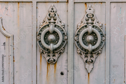 Konstfotografi Ornate twin metal door knockers