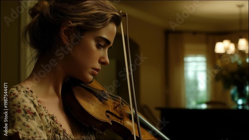 4K video footage of a woman playing violin indoors with warm lighting, focused and concentrated expression, classical music performance.