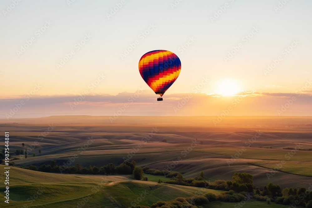 Fototapeta premium Hot Air Balloon Floats Above Fields at Sunrise in the Countryside Sky
