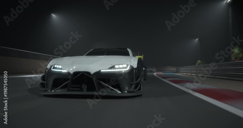 GT3 Gran turismo race cars drive at night on a track, headlights glow, motion blur show speed, city lights and palm trees create dramatic motorsport scene