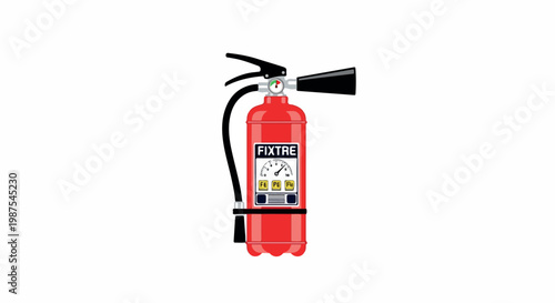 Red fire extinguisher labeled fixtre with pressure gauge and usage symbols