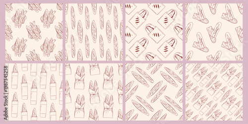 Bread seamless pattern collection with baguette, ciabatta in craft paper bag, on cutting board, brown outline doodle flat retro style. Minimalist hand drawn bakery background set for packaging