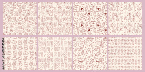 Bread seamless pattern collection with various artisan loaf, toast and ciabatta, baguette, brown outline doodle flat retro style. Large bakery background set for packaging, on beige background.