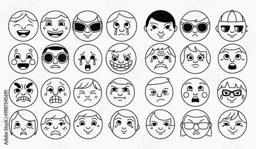 A collection of diverse cartoon faces displayed in circular frames showcasing various expressions